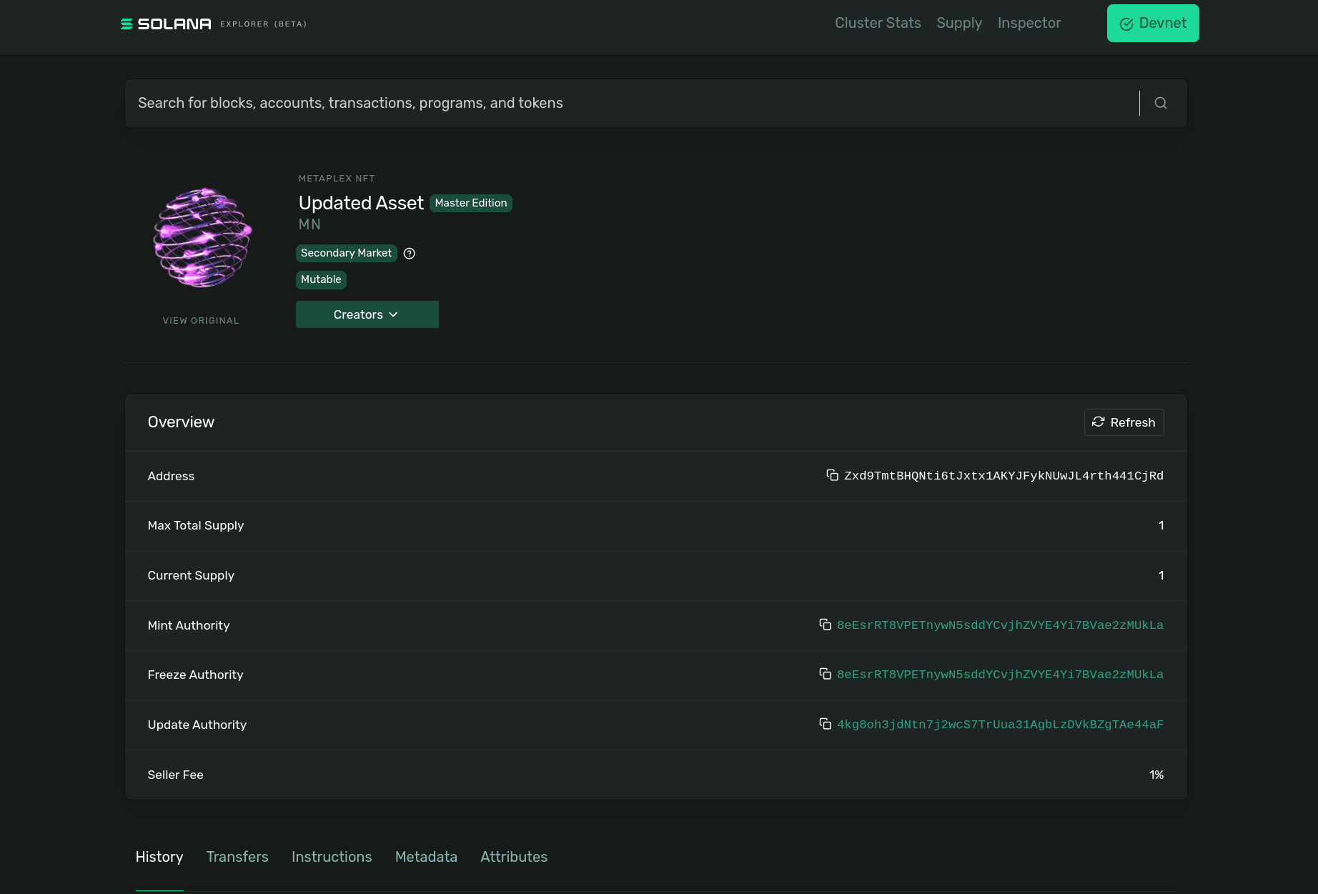 Solana Explorer with details about the updated NFT